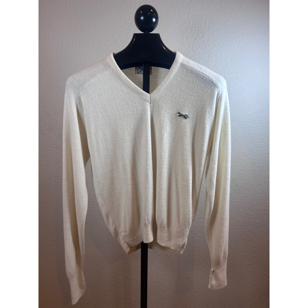 Vintage JCPenney The Fox Sweater Mens Medium Cream V-Neck Orlon Acrylic 80s